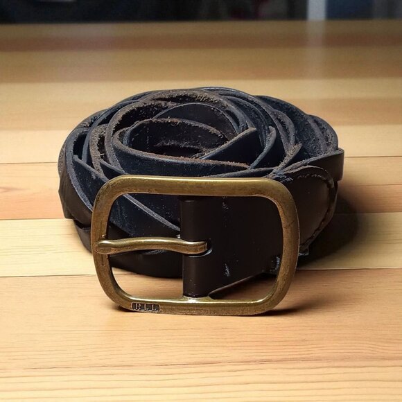 Lauren Ralph Lauren Preppy Black Braided Vachetta Leather Belt Brass Buckle L